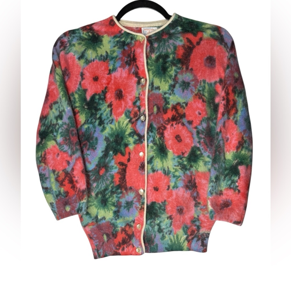 VTG Angelon By Darlene Angora Wool Floral Cardigan Hand Screen Print Sz 36 XS/S